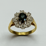 Vintage, Antique, Ring, 18ct, Yellow Gold, Sapphire & Diamond Halo, Size N (54)