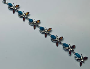 Baltic Amber, Sterling Silver, Link Bracelet, Hand Crafted, Abstract, Insect Design , Turquoise Combination