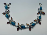 Baltic Amber, Sterling Silver, Link Bracelet, Hand Crafted, Triple Petal, Turquoise