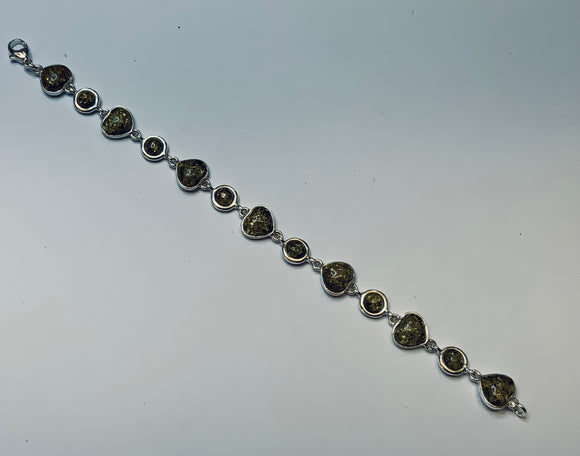 Baltic Green Amber, Sterling Silver, Link Bracelet, Hearts Shapes, Hand Crafted