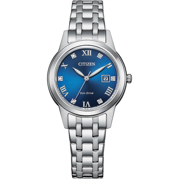 Citizen, Watch, Ladies, Silhouette Crystal, FE1240-81L, Eco-Drive, Blue Dial, Stainless Steel Bracelet