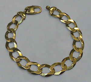 Gold, Bracelet,  Flat Curb, Heavy, Solid, Chain, 9ct, (375), Yellow Gold, Antique, Vintage, 22cm