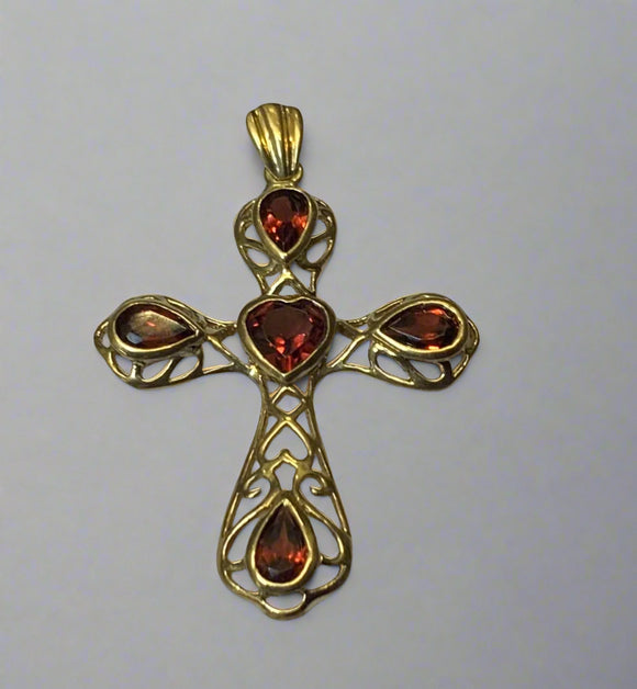Gold, Cross, Pendant, Garnet, 9ct, (375), Yellow Gold, Antique, Vintage, 23.90mm x 32.16mm