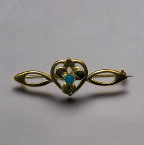 Gold, Turquoise, Heart & Petal Design, Tie pin, 9ct, (375), Yellow Gold, Antique, Vintage, 37.90mm x 13.26