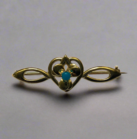 Gold, Turquoise, Heart & Petal Design, Tie pin, 9ct, (375), Yellow Gold, Antique, Vintage, 37.90mm x 13.26