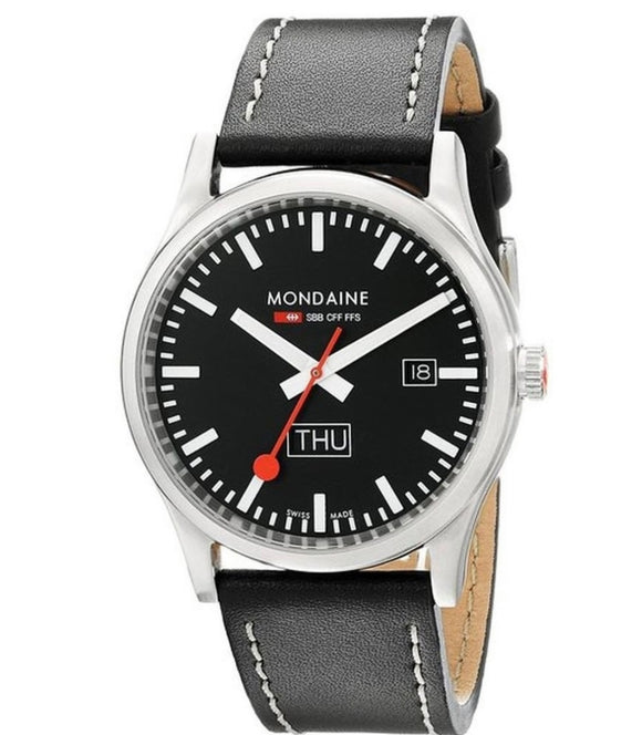 Mondaine, Watch, A667.30308.19SBB, SBB.CFF.FFS, Sport, Gents, Black Leather Strap. 41mm , Day and Date