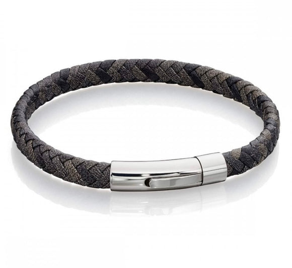 Fred Bennett, Gents Jewellery, Leather, Bracelet, B5276, Stainless Steel, Woven Grey Crossover Clip.