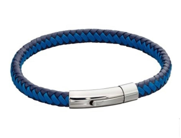 Fred Bennett, Gents Jewellery, Leather Woven Blue, Bracelet, B5275, Stainless Steel Clasp, Clip.