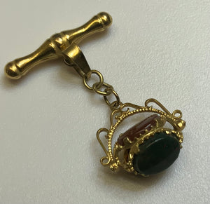 Gold Three Stone Spinning Fob, T-Bar, 9ct, (375), Yellow Gold, Onix, Carnelian, Preowned.