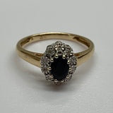 Vintage, Antique, Ring, 9ct, Yellow Gold, Sapphire & Diamond Cluster, Size M½ (53)