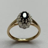 Vintage, Antique, Ring, 9ct, Yellow Gold, Sapphire & Diamond Cluster, Size M½ (53)
