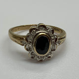 Vintage, Antique, Ring, 9ct, Yellow Gold, Sapphire & Diamond Halo, Size O (55)