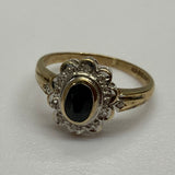 Vintage, Antique, Ring, 9ct, Yellow Gold, Sapphire & Diamond Halo, Size O (55)