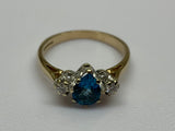 Vintage, Antique, Ring, 9ct, Yellow Gold, Blue Topaz & Diamond Trilogy, Size P (57)