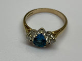 Vintage, Antique, Ring, 9ct, Yellow Gold, Blue Topaz & Diamond Trilogy, Size P (57)
