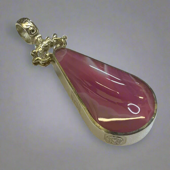 Silver, Double Sided, Pendant, DSW, Pink & Brown Stripe Agates, (925), Antique, Vintage, Large Hallmarks, 22mm x 40mm, David Scott Walker, Tear Drop