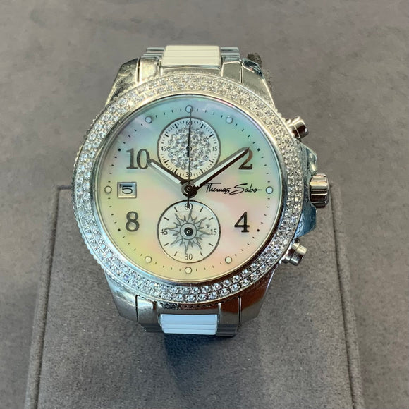 Thomas Sabo, Watch, Ceramic, White,  Swarovski crystals, Vintage, Woman’s, 2 Dials, Chronograph, Day Display, Silver, DC Jewellers