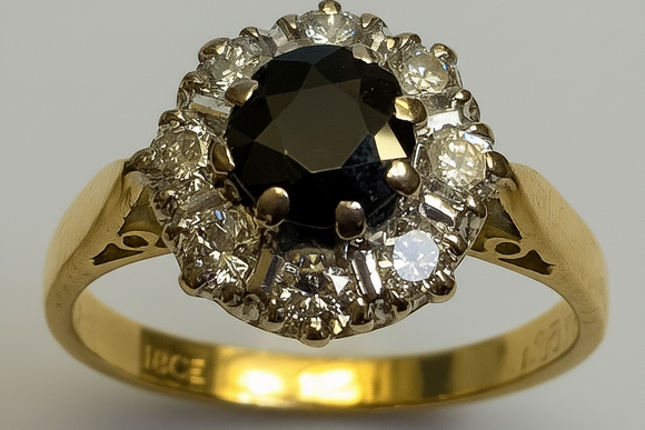 Vintage, Antique, Ring, 18ct, Yellow Gold, Sapphire & Diamond Cluster, Size N (55)