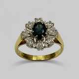 Vintage, Antique, Ring, 18ct, Yellow Gold, Sapphire & Diamond Halo, Size N (54)