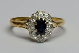 Vintage, Antique, Ring, 18ct, Yellow Gold, Sapphire and Diamond Cluster, Size W (65)