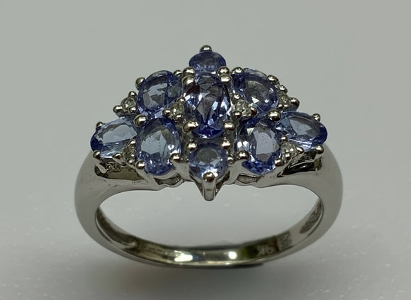 Vintage, Antique, Ring, 9ct, White Gold, Tanzanite Cluster, Marquise & Oval Mix, Size L½ (52)