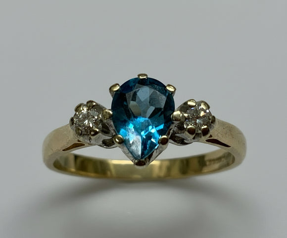 Vintage, Antique, Ring, 9ct, Yellow Gold, Blue Topaz & Diamond Trilogy, Size P (57)