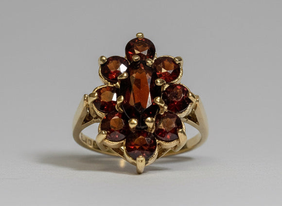 Vintage, Antique, Ring, 9ct, Yellow Gold, Garnet Cluster, Size L (52)