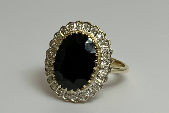 Vintage, Antique, Ring, 9ct, Yellow Gold, Large Sapphire & Diamond Cluster, Size M½ (54)