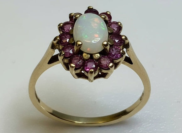 Vintage, Antique, Ring, 9ct, Yellow Gold, Opal, Garnet Cluster, Size P½ (58)