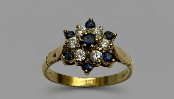 Vintage, Antique, Ring, 9ct, Yellow Gold, Sapphire & CZ Cluster, Size P½ (58)