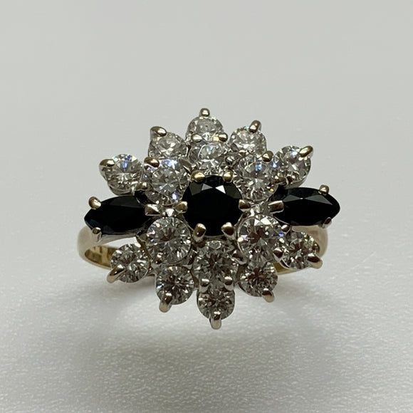 Vintage, Antique, Ring, 9ct, Yellow Gold, Sapphire & CZ Layered Cluster, Size N (55)