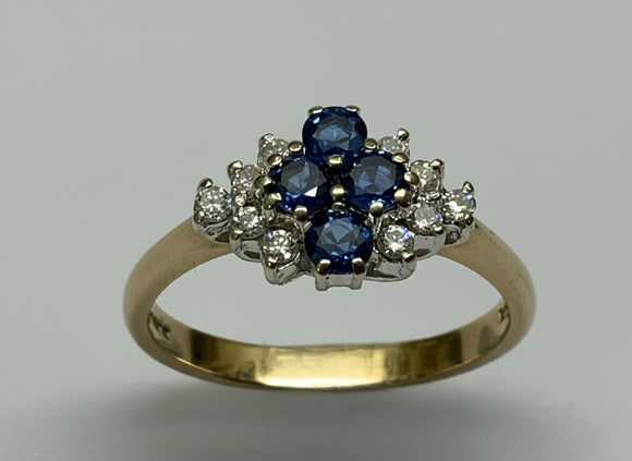 Vintage, Antique, Ring, 9ct, Yellow Gold, Sapphire & Diamond-Style Cluster, Size O (56)
