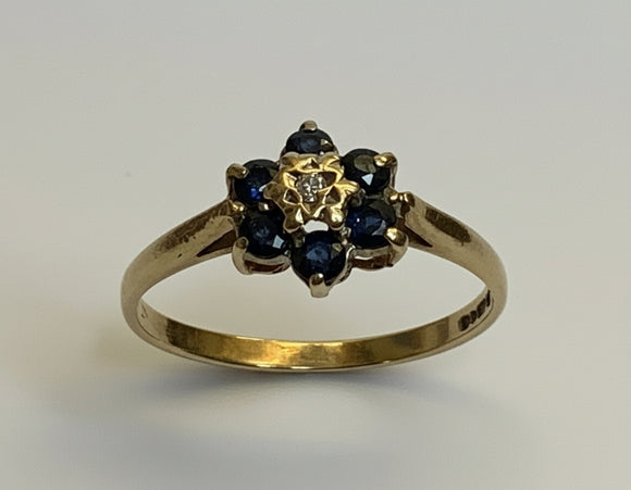Vintage, Antique, Ring, 9ct, Yellow Gold, Sapphire & Diamond Cluster, Size L (52)