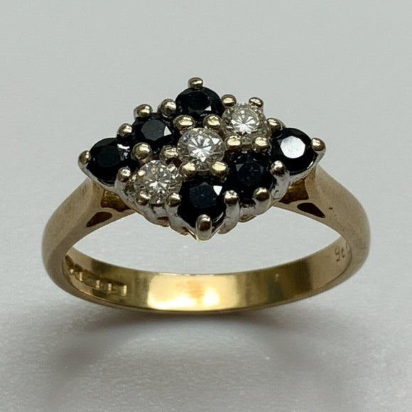 Vintage, Antique, Ring, 9ct, Yellow Gold, Sapphire & Diamond Cluster, Size M (53)