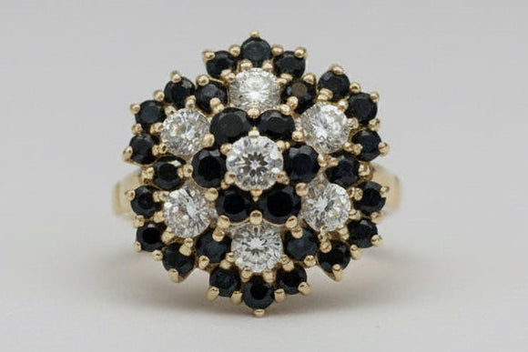 Vintage, Antique, Ring, 9ct, Yellow Gold, Sapphire & Diamond Cluster, Size M (54)