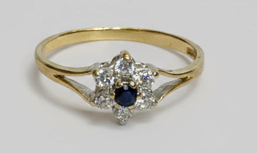 Vintage, Antique, Ring, 9ct, Yellow Gold, Sapphire and CZ Cluster Design, Size N½ (55)
