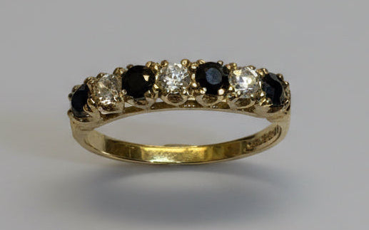 Vintage, Antique, Ring, 9ct, Yellow Gold, Sapphire and CZ Half Eternity, Size S (61)