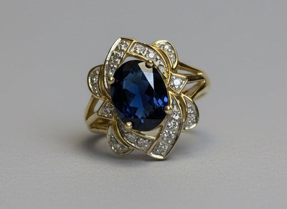 Vintage, Antique, Ring, 9ct, Yellow Gold, Sapphire and Diamond Ribbon Design, Size G½ (46)