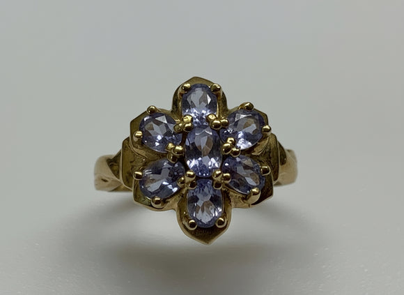 Vintage, Antique, Ring, 9ct, Yellow Gold, Tanzanite Flower Cluster, Size L½ (52)