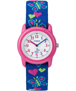 Timex, Watch, Kids, Time Machine, 29mm, Butterflies and Hearts,  Blue Elastic Fabric.